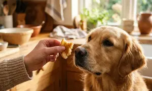 A golden retriever looks longingly at a piece of pancake offered by a hand. This image makes you wonder, can dogs eat pancakes?