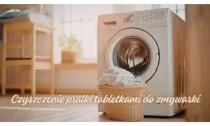 Biała pralka z koszykiem białych ubrań obok, na tle okna.