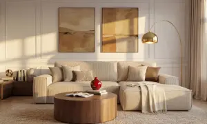 En soffgrupp med en stor soffa, ett runt soffbord och två tavlor på väggen skapar en varm inredning. En golvlampa i mässing ger ett mjukt ljus.