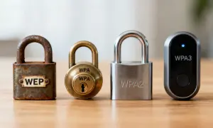 Candados que representan la evolución de la seguridad Wi-Fi: WEP, WPA, WPA2 y WPA3 Personal.