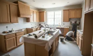 Operai al lavoro in una cucina in fase di ristrutturazione. Si sta posando il nuovo pavimento e si stanno installando le piastrelle. Un'idea di quanto costa rifare una cucina.