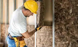 Operaio con casco giallo installa pannelli per l'isolamento acustico in una parete in costruzione.