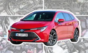 Czerwona Toyota Corolla kombi z widocznym silnikiem w tle. Idealna na rodzinne wypady i do przewożenia bagażu.