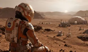 Astronaut w pomarańczowym skafandrze NASA z napisem ARES III siedzi na Marsie, patrząc na bazę i łazik. Scena jak z filmów z Mattem Damonem.