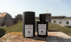Elegancka butelka i opakowanie Acqua di Parma Essenza na tle malowniczego krajobrazu.