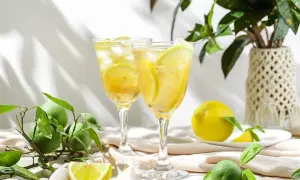 Dwa orzeźwiające kieliszki z lodem i plasterkami cytryny, idealne na letni wieczór. Ten limoncello drink wygląda kusząco!