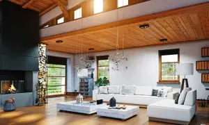 Accogliente soggiorno in una casa di campagna moderna, con camino, divano bianco e soffitto in legno.