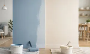 Pareti in fase di tinteggiatura: un lato blu, l'altro beige. Il significato di "traspirante" si ritrova nella scelta di vernici che permettono alla parete di respirare.