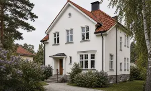 Vitt, putsat hus med tegeltak och gröna buskar. En nyrenoverad fasad som är redo att måla.