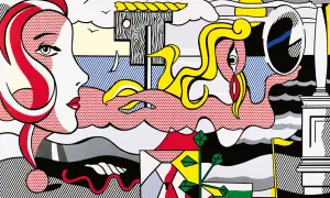 Pop art w stylu Roy Lichtensteina: kobieta z czerwoną falującą fryzurą, fale, żaglówka i odbicie w lustrze. Łatwe do rozpoznania.
