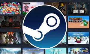 Logo Steam na tle okładek gier komputerowych.
