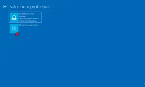 Pantalla de solución de problemas de Windows. Se muestra la opción "Restablecer este equipo" y "Opciones avanzadas". Si no se puede instalar Windows en este disco, se debe acceder a estas opciones.