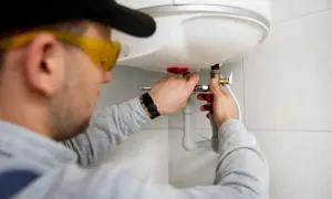 Fachowiec w okularach ochronnych dokonuje montażu bojlera elektrycznego, podłączając instalację wodną.