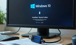 Rozpoczynam instalowanie Windows 10 z pendrive'a. Ekran monitora pokazuje logo i komunikat.