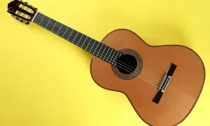 Drewniana gitara klasyczna na żółtym tle. Sześć strun, ciemna podstrunnica i ozdobne rozety wokół otworu rezonansowego. Słychać, jak brzmi gitara klasyczna.