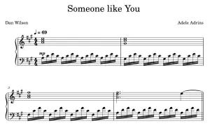 Nuty do piosenki "Someone like You" Adele. Widoczne akordy i oznaczenie tempa J=69.