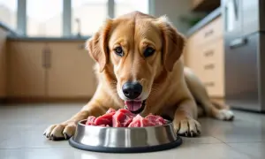 Złoty retriever z apetytem spogląda na miskę surowego mięsa, zastanawiając się, czy pies może jeść surowe mięso.