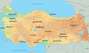Mapa Turcji, kraju położonego na styku Europy i Azji, z zaznaczonymi miastami jak Stambuł, Ankara i Izmir.
