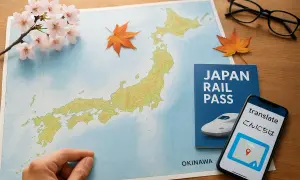 En reseguide till Japan med karta, Japan Rail Pass, telefon med översättningsapp och körsbärsblommor.