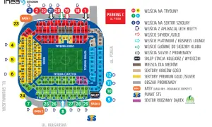 Plan stadionu Lecha Poznań: wejścia, sektory, miejsca, kasy i parking.