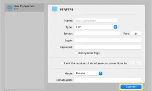 Okno dialogowe Total Commandera do konfiguracji połączenia FTP/FTPS z polami nazwy, typu, serwera, loginu, hasła i przyciskiem "Connect".