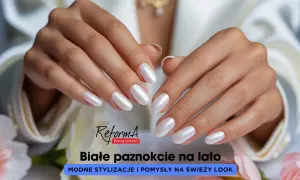 Eleganckie białe paznokcie na lato, idealne do letnich stylizacji. Perłowy blask dodaje świeżości.