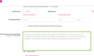 Formularz kontaktowy Tauron. Wpisano kod pocztowy 42-300, miejscowość 26. W polu tekstowym opisano problem z fakturą.