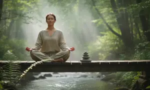 Kobieta medytuje na moście w lesie, szukając spokoju i sposobu, jak odzyskać równowagę psychiczną.
