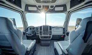 Intérieur d'un camion cabine moderne, avec des sièges confortables et un tableau de bord high-tech. Le soleil brille à travers le pare-brise.