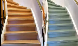 Vorher-Nachher-Vergleich: Eine hölzerne Treppe wurde frisch in einem sanften Grünton gestrichen.