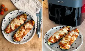 Faszerowana cukinia z ryżem i serem, idealna na obiad z air fryera. Pyszne i proste air fryer przepisy obiad.