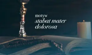 Kielich, otwarta księga z różańcem i płonąca świeca. Motyw stabat mater dolorosa.