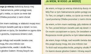 Fragment tekstu piosenki "Ja wiem, w kogo ja wierzę" z numeracją zwrotek.