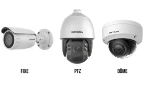 Trois caméras de surveillance Hikvision : fixe, PTZ et dôme. Idéales pour une surveillance vidéo dans le cloud.