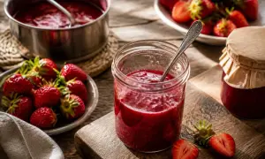Frische Erdbeeren und selbstgemachte Erdbeermarmelade im Glas. Ein köstliches Erdbeermarmelade Rezept zum Nachmachen.