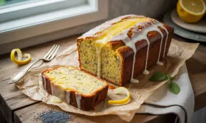 Un délicieux cake citron pavot, nappé d'un glaçage blanc et d'une touche de citron, prêt à être dégusté.