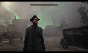 Mężczyzna w kapeluszu i płaszczu stoi na tle deszczowego miasta, gdzie zorza polarna oświetla niebo. To **the sinking city**, gdzie tajemnica wisi w powietrzu.