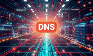 Cyfrowe serce sieci, gdzie **ustawienia DNS** kierują ruchem. Neonowe linie łączą serwery w futurystycznym centrum danych.