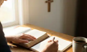 Osoba studiuje ewangelia na dziś z komentarzem, notując przemyślenia przy kubku kawy. W tle widoczny drewniany krzyż.