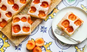 Saftiger Marillenkuchen, perfekt für jedes Marillenkuchen Rezept. Mit Puderzucker bestäubt und frischen Marillen garniert.