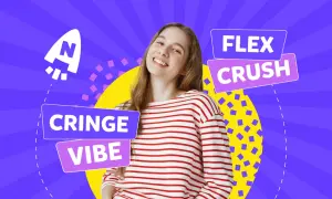 Joven sonriente con camiseta a rayas, rodeada de **palabras generación z** como "CRINGE", "VIBE", "FLEX" y "CRUSH".