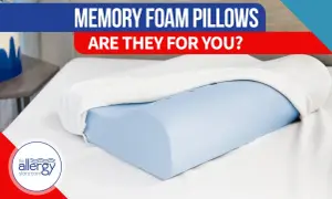 A blue memory foam pillow with a white cover, on a white sheet. Text reads "MEMORY FOAM PILLOWS ARE THEY FOR YOU?". Discover memory foam pillow benefits.