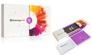 Kit MyHeritage DNA pour découvrir mon héritage. Boîte ouverte montrant les tubes et les instructions.