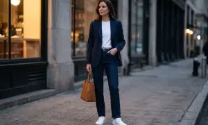 Elegancka kobieta w granatowej marynarce i jeansach, tworząca styl smart casual damski. W dłoni trzyma brązową torbę.