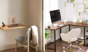 Idées pour transformer une chambre en bureau : un petit bureau mural minimaliste et un grand bureau d'angle fonctionnel.
