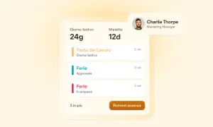 Dashboard di Charlie Thorpe, Marketing Manager, mostra giorni festivi, malattia e ferie. Gestione dell'assenteismo sul lavoro.