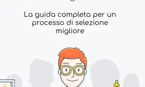 Guida per assumere personale: un processo di selezione efficace con un personaggio sorridente e sagome di candidati.