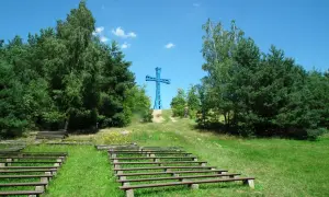 Niebieski krzyż na wzgórzu, najwyższy szczyt wielkopolski, otoczony drzewami. Poniżej amfiteatr z drewnianymi ławami.