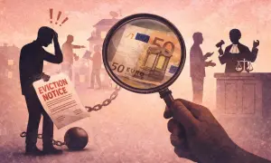 Uomo con palla al piede e avviso di sfratto, sotto lente d'ingrandimento una banconota da 50 euro. Il mancato pagamento spese condominiali porta a conseguenze legali.