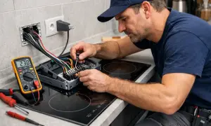 Elektryk podłącza płytę indukcyjną 400V. Multimetr obok pokazuje 230V.